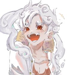 Rule 34 | +++, 1boy, commentary request, gear fifth, hagoromo, hat, male focus, monkey d. luffy, one piece, open mouth, scar, scar on chest, scar on face, shawl, shirt, short hair, simple background, smile, solo, straw hat, tears, thick eyebrows, u mi031, upper body, white background, white hair, white shirt