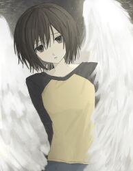 1girl angel_wings black_hair bob_cut brown_eyes highres looking_at_viewer nakahara_misaki nhk_ni_youkoso! nnnyanrrr short_hair solo two-tone_shirt white_wings wings