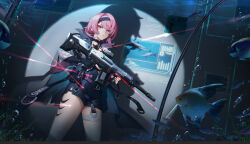 1girl air_bubble bandaged_leg bandages bandaid bandaid_on_face bandaid_on_nose black_cape black_choker black_gloves black_hairband black_shorts bubble cape choker cowboy_shot elbow_gloves fingerless_gloves fish fuchsia_(strinova) gauze gauze_on_cheek gloves gun hair_intakes hairband highres holding holding_gun holding_weapon laser_sight looking_at_viewer official_art outdoors pink_eyes pink_hair short_hair shorts solo spotlight strinova underwater weapon weapon_request