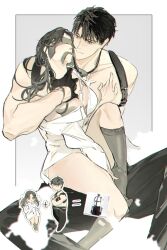 1boy 1girl black_blindfold black_gloves black_hair black_necktie black_socks blindfold caleb_(love_and_deepspace) closed_mouth couple dress_shirt gloves grey_eyes hand_on_another&#039;s_chest hand_on_another&#039;s_neck height_difference hetero highres kneehighs long_hair looking_at_another love_and_deepspace lrrcakie mouth_hold naked_shirt necktie protagonist_(love_and_deepspace) shirt short_hair simple_background socks very_short_hair white_background white_shirt