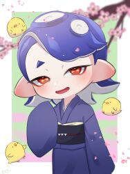 1girl alternate_hair_length alternate_hairstyle amakusa_setoka bird blue_hair blurry blurry_background border branch cephalopod_eyes cherry_blossoms chick commentary_request eyeshadow green_background highres japanese_clothes kimono long_sleeves looking_at_viewer makeup medium_hair nintendo no_earrings octoling open_mouth outside_border red_eyes red_eyeshadow red_pupils shiver_(splatoon) sleeves_past_fingers sleeves_past_wrists smile solo splatoon_(series) splatoon_3 tentacle_hair upper_body white_border