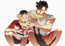 2boys animal atie1225 black_cat black_hair black_shorts blonde_hair calico_cat cat claws commentary_request crew_neck eating feet_out_of_frame food fruit haikyuu!! hair_bun hair_over_one_eye handheld_game_console holding holding_food holding_handheld_game_console kozume_kenma kuroo_tetsurou lower_teeth_only male_focus melon multicolored_hair multiple_boys multiple_cats nintendo_switch on_lap open_mouth parted_hair red_shirt red_shorts roots_(hair) shirt short_hair short_sleeves shorts side-by-side simple_background single_hair_bun sitting t-shirt teeth white_background white_shirt yellow_eyes