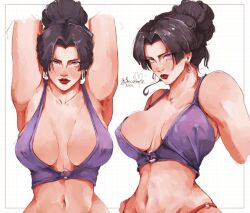 1girl arms_up bon_drawr breasts cleavage_cutout clothing_cutout covered_erect_nipples earrings jewelry large_breasts looking_at_viewer marvel marvel_rivals multiple_views narrow_waist non-web_source parted_bangs ponytail psylocke red_lips simple_background thong x-men