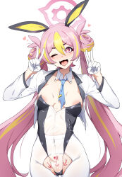1girl absurdres animal_ears areola_slip blonde_hair blue_archive blue_necktie body_writing breasts double_bun double_v fake_animal_ears gloves hair_bun halo heart highres jacket koyuki_(blue_archive) koyuki_(bunny)_(blue_archive) leotard long_hair looking_at_viewer multicolored_hair necktie one_eye_closed open_clothes open_jacket open_mouth pantyhose pink_eyes pink_hair playboy_bunny see-through_clothes see-through_leotard simple_background small_breasts sweat thirty_8ght torn_clothes twintails v very_long_hair white_background white_gloves white_jacket white_pantyhose yellow_pupils