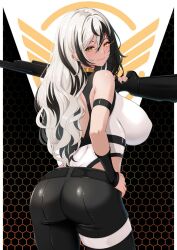 Rule 34 | 1girl, arm strap, ass, belt, black belt, black hair, black pants, breasts, closed mouth, commentary, english commentary, gun, hair between eyes, hand on own hip, holding, holding gun, holding weapon, large breasts, long hair, mole, mole under eye, multicolored hair, nini-117, over shoulder, pants, second-party source, solo, streaked hair, two-tone hair, uzyou (momotk1109), vfleet, virtual youtuber, weapon, weapon over shoulder, white hair, yellow eyes