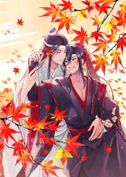 2boys :d autumn autumn_leaves bishounen black_hair black_hanfu black_robe blush branch chinese_clothes closed_mouth collarbone dizi falling_leaves flute grey_eyes hair_between_eyes hair_ribbon hand_on_another&#039;s_stomach hand_up hanfu headband high_ponytail highres holding holding_another&#039;s_wrist holding_flute holding_instrument instrument lan_wangji layered_sleeves leaf long_hair long_sleeves looking_at_another male_focus maple_leaf modao_zushi multiple_boys natttume open_mouth outdoors pectoral_cleavage pectorals ponytail red_ribbon ribbon robe sidelocks sitting smile standing tassel topknot transverse_flute twitter_username watermark wei_wuxian white_hanfu white_headband white_robe wide_sleeves xiao_guan_(headdress) yaoi yellow_eyes