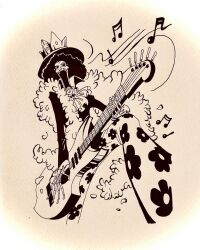 1boy afro ascot brook_(one_piece) commentary_request crown feather_boa guitar hat highres holding holding_guitar holding_instrument instrument male_focus music musical_note one_piece open_mouth sho1018coco simple_background singing skeleton solo sunglasses traditional_media