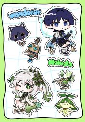1boy 1girl 3ksubak a_thousand_floating_dreams_(genshin_impact) akt_eak animalization anklet aranara_(genshin_impact) arm_at_side armlet bell black_bodysuit black_bow black_bridal_gauntlets black_cat black_hair black_leggings black_sand black_shorts bloomers blue_cape blue_eyes blue_gemstone blue_halo blue_kimono blue_sleeves blunt_ends blush bodysuit border bow bridal_gauntlets cape cat character_name chibi closed_mouth colored_tips creature cross-shaped_pupils detached_sleeves dress eyelashes eyeliner eyeshadow furisode gem genshin_impact gradient_hair green_border green_cape green_dress green_eyes green_hair green_pupils green_sleeves grid_background hair_intakes hair_ornament hakama hakama_shorts halo halo_behind_head han&#039;eri hand_up heart heart_hair_ornament highres japanese_clothes jewelry kimono lamp layered_kimono layered_sleeves leaf leaf_hair_ornament leg_warmers leggings long_hair looking_at_viewer makeup multicolored_hair nahida_(genshin_impact) one_eye_closed open_clothes open_kimono outline person_and_animalization pleated_shorts pointy_ears pom_pom_(clothes) purple_sash red_eyeliner red_eyeshadow sandals sash scaramouche_(genshin_impact) short_sleeves shorts side_ponytail sidelocks smile socks symbol-shaped_pupils tassel toeless_socks tulaytullah&#039;s_remembrance_(genshin_impact) two-sided_dress two-sided_fabric underwear vision_(genshin_impact) vortex wanderer_(genshin_impact) white_bloomers white_dress white_hair white_kimono white_leg_warmers white_sleeves white_socks wind zouri
