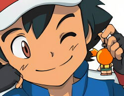 1boy 1girl ;) ash_ketchum asymmetrical_hair baseball_cap black_gloves black_hair brown_eyes closed_mouth fingerless_gloves gloves hat highres male_focus mini_person misty_(pokemon) nintendo one_eye_closed orange_hair pokemon ponytail shirt short_hair side_ponytail smile solo wink