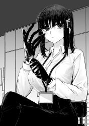 Rule 34 | 1girl, absurdres, adjusting clothes, adjusting gloves, blush, breasts, commentary request, crossed legs, dress shirt, feet out of frame, gloves, greyscale, highres, hr lady (rucchiifu), lanyard, large breasts, long sleeves, monochrome, open collar, original, pants, ponytail, rucchiifu, shirt, shirt tucked in, sidelocks, sitting, solo, translation request