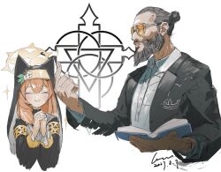 1boy 1girl :&gt; ^_^ absurdres animal_ear_headwear animal_ears beard beckoning black_jacket black_theme blue_archive book braid buttons cat_ears celtic_knot class_connection clenched_teeth closed_eyes coif collared_shirt colorized come_hither commentary cropped_torso crown_print dated english_commentary facial_hair facing_away facing_viewer fake_animal_ears far_cry far_cry_5 flower formal_clothes glasses grey_hair habit hair_bun halo hat hat_flower highres holding holding_book hood hood_up index_finger_raised interlocked_fingers jacket joseph_seed light_blush long_hair long_sleeves looking_ahead looking_to_the_side making-of_available mari_(blue_archive) mature_male nun open_book orange_hair own_hands_clasped own_hands_together parted_lips pointing pointing_up praying priest sailor_collar shirt signature single_braid sketch smile sparkle suit symbol_request teeth tinted_eyewear turtleneck upper_body wawon_(wan_wawon) white_sailor_collar white_shirt yellow-tinted_eyewear