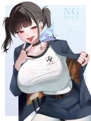 1girl absurdres asymmetrical_bangs belt black_choker black_hair blue_jacket blue_skirt breasts choker commentary earrings goddess_of_victory:_nikke highres jacket jewelry large_breasts long_hair long_sleeves looking_at_viewer open_clothes open_jacket open_mouth pantyhose red_eyes shirt skirt smile solo sora_(nikke) teeth tongue tongue_out twintails white_background white_pantyhose white_shirt yazuki_(n_y_0714)