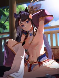 1girl :o absurdres arm_up armor armpits asymmetrical_sleeves black_hair black_hat blue_eyes blue_panties blue_sky breast_curtains breasts circlet day detached_sleeves fate/grand_order fate_(series) feather_hair_ornament feathers hair_ornament hand_on_own_head hat highres indoors japanese_armor knee_up kusazuri large_breasts long_hair long_sleeves looking_at_viewer miniskirt mismatched_sleeves on_floor panties parted_bangs parted_lips pleated_skirt seat showgirl_skirt sitting skirt sky solo spread_legs sunlight underwear ushiwakamaru_(fate) very_long_hair white_skirt ziki_(gkdlfnzo1245)