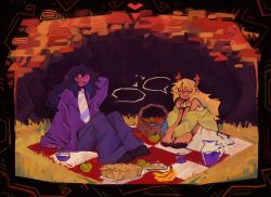 2girls agfgoth_3 antlers arm_behind_head blonde_hair buck_teeth colored_teeth deer_girl deltarune furry furry_female highres hooves horns jacket multiple_girls noelle_holiday picnic picnic_basket purple_jacket reptile_girl sharp_teeth sitting smile susie_(deltarune) teeth tree upper_teeth_only yellow_teeth yuri