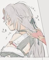 ! 2girls blush from_side fu_hua fu_hua_(garuda) fu_hua_(herrscher_of_sentience) gloves holding_another&#039;s_hair honkai_(series) honkai_impact_3rd multiple_girls out_of_frame red_eyes red_gloves sketch solo_focus spoken_exclamation_mark tya_tya_3rd