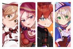 4boys amagi_hiiro aqua_eyes blonde_hair blue_hair border brown_eyes brown_hair closed_mouth collar ensemble_stars! food food_on_face frilled_collar frilled_sleeves frills green_brooch green_eyes jewelry long_sleeves looking_at_viewer male_focus mashiro_tomoya multiple_boys necklace open_mouth oukawa_kohaku pink_hair purple_eyes red_hair shiratori_aira_(ensemble_stars!) shisokonbu smile star_(symbol) star_in_eye symbol_in_eye white_border