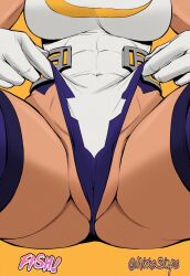 1girl artist_collaboration artist_name ass boku_no_hero_academia breasts cameltoe colorized commentary covered_abs covered_navel crescent_print crotch_focus dark-skinned_female dark_skin english_commentary gloves head_out_of_frame highleg highleg_leotard highres large_breasts leotard leotard_pull lower_body mirko mirkosimps orange_background parallaxfused pulling_own_clothes purple_thighhighs simple_background solo spread_legs taut_leotard thick_thighs thighhighs thighs toned toned_female twitter_username white_gloves white_leotard