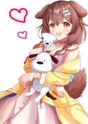 Rule 34 | 1girl, animal ears, bone hair ornament, brown eyes, brown hair, dog ears, dog girl, dog tail, hair ornament, hajime yo, heart, highres, hololive, inugami korone, jacket, looking at viewer, open mouth, solo, tail, virtual youtuber, yellow jacket