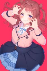 17ho_10ban 1girl absurdres blue_eyes blue_ribbon blue_skirt brown_hair claw_pose commentary_request gakuen_idolmaster grin hanami_saki highres idolmaster jacket long_hair looking_at_viewer pink_background pink_jacket pleated_skirt ribbon shirt simple_background skirt smile solo white_shirt