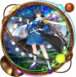 1girl armillary_sphere black_coat blue_dress blue_hair blue_hat breasts closed_mouth coat dress full_body game_cg geta hair_between_eyes hand_on_own_hip hat highres holding holding_tripod iizunamaru_megumu kneehighs long_hair long_sleeves looking_at_viewer night night_sky official_art open_clothes open_coat pom_pom_(clothes) purple_shoes red_eyes ribbon-trimmed_dress ribbon-trimmed_sleeves ribbon_trim rotte_(1109) scarf shoes shoulder_guard simple_background sky sleeveless sleeveless_coat smile socks solo sparkle star_trail surcoat tengu-geta test_tube third-party_source tokin_hat touhou touhou_lostword transparent_background tripod very_long_hair white_scarf white_socks wide_sleeves