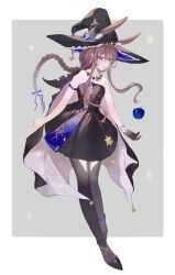 1girl :d absurdres ambience_synesthesia amiya_(arknights) amiya_(medic)_(arknights) amiya_(medic)_(solo_around_the_world)_(arknights) animal_ears apple arknights armlet bare_shoulders black_gloves black_hat black_pantyhose blue_apple blue_eyes border brown_hair commentary food frills fruit full_body gloves grey_background hair_between_eyes hat highres jewelry long_hair multiple_rings nozomi_nozomi official_alternate_costume open_mouth outside_border pantyhose ring sidelocks simple_background single_glove smile solo sparkle standing symbol-only_commentary white_border witch_hat
