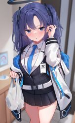 1girl absurdres bag black_halo black_jacket black_skirt blue_archive blue_necktie blurry blurry_background blush collared_shirt commentary_request doodle_sensei_(blue_archive) halo highres holding holding_bag jacket lapels looking_at_viewer necktie nosuke_tmg notched_lapels open_clothes open_jacket partial_commentary pleated_skirt purple_eyes purple_hair sensei_(blue_archive) shirt skirt solo suit_jacket thighs twintails two_side_up white_jacket white_shirt yuuka_(blue_archive)