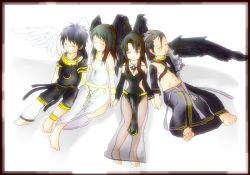 2boys 2girls angel_wings barefoot black_hair black_wings chibi cichol detached_sleeves dress closed_eyes half_updo holding_hands long_hair mabinogi morrighan multiple_boys multiple_girls neamhain nuadha reasya see-through_clothes wings