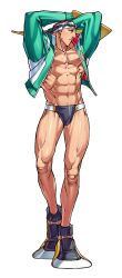 Rule 34 | 1boy, abs, absurdres, edaki shin&#039;ya, eyewear on head, flippers, full body, game cg, goggles, highres, jacket, justice gakuen, looking to the side, male focus, male swimwear, moero! justice gakuen, muscular, muscular male, namikawa nagare, non-web source, official art, pectorals, simple background, solo, standing, swim briefs, swim cap, swim goggles, track jacket, white background