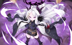 &gt;:( 1girl ahoge armband black_boots black_gloves black_jacket black_skirt blue_archive blue_jacket boots brown_thighhighs brown_wings closed_mouth commentary crossed_arms floating_hair forehead frown gloves hair_ornament hairclip halo highres hina_(blue_archive) horns jacket jacket_on_shoulders koflif long_hair long_sleeves looking_at_viewer parted_bangs purple_eyes single_hair_intake skirt solo standing thighhighs thighhighs_under_boots v-shaped_eyebrows very_long_hair white_hair wings