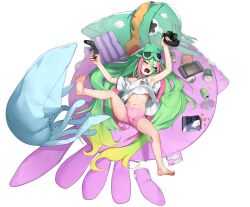 1girl absurdres ahoge animal-shaped_pillow beeeeen blonde_hair boyshort_panties can cardboard_sword chips_(food) closed_eyes commission controller cup disposable_cup eye_mask feet food futon game_boy game_controller gradient_hair green_hair handheld_game_console headphones highres holding holding_controller holding_game_controller huge_ahoge ireina_(last_origin) last_origin loli long_hair multicolored_hair navel official_alternate_costume official_art pillow pink_hair potato_chips safety_pin shirt soda spread_legs squid tachi-e tantrum tape tearing_up two-tone_hair very_long_hair white_shirt
