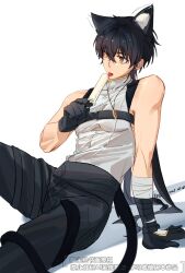 Rule 34 | 1boy, animal ears, bandages, bare shoulders, black gloves, black hair, black pants, cat boy, cat ears, cat tail, chest harness, eating, erlaaaaa0504, food, gloves, harness, highres, jewelry, long hair, looking at viewer, male focus, male rover (wuthering waves), necklace, open mouth, pants, popsicle, rover (wuthering waves), shirt, simple background, sitting, sleeveless, solo, tail, toned, toned male, tongue, tongue out, white background, white shirt, wuthering waves, yellow eyes