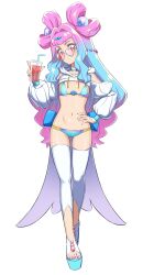 1girl absurdres bendy_straw bikini blue_nails blue_ribbon breasts choker commission cup cure_la_mer disposable_cup drink drinking_straw eyelash_ornament highres holding holding_cup holding_drink laura_la_mer leggings multicolored_bikini multicolored_eyes nail_polish navel ogi_non pearl_hair_ornament precure ribbon seashell shell shrug_(clothing) skeb_commission small_breasts swimsuit thighs toenail_polish toenails tropical-rouge!_precure tropical_drink two-tone_bikini white_leggings white_shrug