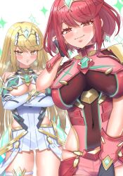 2girls bare_shoulders blonde_hair blush breasts chest_jewel cleavage cleavage_cutout clothing_cutout core_crystal_(xenoblade) crossed_arms dress earrings highres hip_vent jewelry large_breasts long_hair meipasuye multiple_girls mythra_(xenoblade) pyra_(xenoblade) red_eyes red_hair red_shorts short_dress short_hair shorts simple_background tiara white_background white_dress xenoblade_chronicles_(series) xenoblade_chronicles_2 yellow_eyes