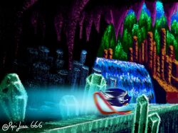 1boy animal_ears black_eyes blue_fur cave crystal full_body furry furry_male gloves highres pepijuan quartz_quadrant red_shoes running shoes solo sonic_(series) sonic_the_hedgehog