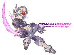 Rule 34 | absurdres, armor, artist name, black armor, character request, commission, copyright request, energy sword, forehead jewel, full body, green eyes, grey hair, highres, holding, holding sword, holding weapon, iikoao, original, short hair, simple background, solo, sword, thrusters, weapon, white background