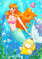 1girl :d air_bubble bad_tag bikini blush breasts bubble cleavage coral earrings eyelashes fish floating_hair gen_1_pokemon gen_3_pokemon green_eyes highres horsea jewelry large_breasts light_rays long_hair luvdisc mermaid mermaid_misty_(pokemon) misty_(pokemon) monster_girl navel necklace nintendo open_mouth orange_hair pearl pearl_necklace pokemon pokemon_(anime) pokemon_(classic_anime) pokemon_rgby psyduck seashell shell shell_bikini smile solo sparkle star_(symbol) swimming swimsuit underwater water