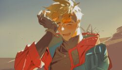1boy ^_^ absurdres black_gloves black_hair black_shirt blonde_hair blue_background citronplanet closed_eyes crying earrings glasses gloves hand_up happy_tears highres jacket jewelry male_focus mole mole_under_eye open_mouth orange-tinted_eyewear partially_fingerless_gloves red_jacket round_eyewear shirt short_hair single_earring smile solo tears tinted_eyewear trigun trigun_stampede undercut upper_body vash_the_stampede
