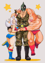 Rule 34 | 1girl, 2boys, abs, alternate universe, artist request, ass, bare legs, bare shoulders, biceps, breasts, crossover, kinniku ataru, kinniku suguru, kinnikuman, kinnikuman (character), kinnikuman lady, kinnikuman lady (character), kinnikuman soldier, large breasts, large pectorals, long hair, looking at another, lying, manly, mask, medium hair, military, military uniform, multiple boys, muscular, muscular female, navel, pectorals, white hair, wide hips, wrestling, wrestling outfit