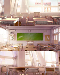 bag book bookshelf chalkboard classroom clock day highres indoors no_humans omorphia original projector_screen school school_bag sunlight wall_clock wind window