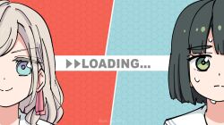 2girls black_hair blue_background blunt_bangs blunt_ends bob_cut ceras_yanagida_lilienfeld closed_mouth commentary frown green_eyes grey_hair hair_ribbon hasu_no_sora_school_uniform highres link!_like!_love_live! love_live! momose_ginko multiple_girls nervous_sweating parody pink_ribbon portrait red_background ribbon sailor_collar school_uniform sen_yousoro short_hair smile split_mouth summer_uniform sweat v-shaped_eyebrows virtual_youtuber white_sailor_collar