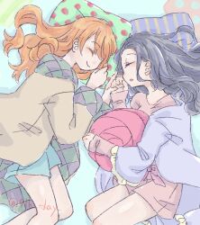 Rule 34 | 2girls, 9th day, ^ ^, black hair, closed eyes, commentary request, feet out of frame, long hair, long sleeves, multiple girls, nami (one piece), nico robin, nightgown, one piece, orange hair, pillow, profile, sleeping, smile, twitter username