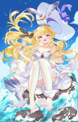 1girl absurdres alternate_costume artist_name bare_legs bare_shoulders bird black_bow blonde_hair blue_sky bow bread bread_slice breasts chinese_commentary cleavage collarbone commentary_request day double_strap_slip dress feet floating_hair food full_body hair_bow hat hat_loss highres holding holding_food legs long_hair looking_at_viewer medium_breasts no_shoes open_mouth phoebe_(wuthering_waves) purple_eyes sannaks sitting sky smile soles solo striped_bow thighhighs toast toes very_long_hair white_bird white_dress white_hat white_thighhighs wuthering_waves