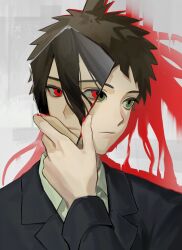 1boy ahoge black_jacket blood brown_eyes brown_hair danganronpa_(series) danganronpa_3_(anime) formal_clothes glass_shard hair_between_eyes highres hinata_hajime holding_glass_shard injury jacket kamukura_izuru long_sleeves male_focus moxi0529 red_eyes short_hair solo spoilers suit