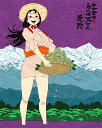 1girl absurdres artist_logo black_hair commentary english_commentary highres holding japanese_clothes kimono logo long_hair mountainous_horizon nagano_prefecture obi open_mouth orange_sash original pink_kimono sash sei5osuzuki short_kimono solo standing teeth upper_teeth_only wading