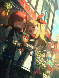 :d ^_^ absurdres bandana bandana_around_neck banner black_hairband blonde_hair blunt_bangs bouquet building closed_eyes commentary day english_commentary fleur-de-lis flower gauntlets grin hairband highres long_hair open_mouth original outdoors peeking_out porforever red_bandana red_hair relica_(porforever) smile