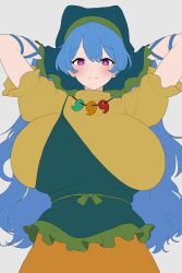 1girl absurdres apron arms_behind_head blue_hair blush breasts dress green_apron green_headscarf haniyasushin_keiki headscarf highres huge_breasts jewelry long_hair magatama moriforest1040 purple_eyes single_strap smile solo three_quarter_view touhou yellow_dress