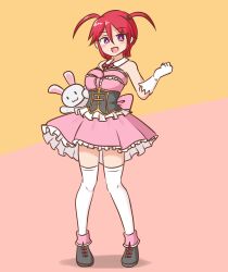 1girl black_corset black_shoes blind chest_bow chimu_(redfalcon23) commission commissioner_upload corset dress frilled_dress frills fukuzawa_ayu_(redfalcon23) full_body gloves highres idol_clothes mizusoba open_mouth original pink_dress pink_eyes rabbit red_hair shoes short_hair simple_background skeb_commission smile solo thighhighs twintails white_gloves