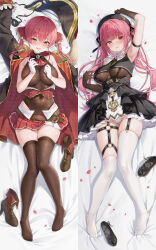 acco_(sh_in) ankle_boots arm_strap black_coat black_hat black_shoes black_thighhighs boots breasts brown_boots coat crop_top cropped_jacket dakimakura_(medium) gloves hair_ribbon hat heterochromia highres hololive houshou_marine houshou_marine_(1st_costume) houshou_marine_(ahoy!!_you&#039;re_all_pirates) large_breasts leotard leotard_under_clothes long_hair looking_at_viewer lying on_back on_side pirate_hat red_coat red_eyes red_ribbon red_skirt ribbon shoes skirt sleeveless sleeveless_jacket solo thighhighs twintails two-sided_coat two-sided_fabric unworn_boots unworn_hat unworn_headwear unworn_shoes virtual_youtuber white_gloves white_thighhighs yellow_eyes