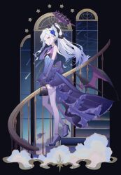 Rule 34 | 1girl, alternate costume, alternate hairstyle, back bow, bag, bare shoulders, black background, black halo, blue archive, blue dress, bow, demon girl, demon horns, demon wings, dress, evening gown, flower, frilled dress, frills, gradient clothes, gradient dress, hair flower, hair ornament, halo, handbag, high-low dress, high heels, highres, hina (blue archive), horns, ice (icepuli), layered dress, low wings, multiple horns, parted bangs, ponytail, purple bow, purple dress, purple eyes, purple wings, rose, short dress, solo, stairs, thighhighs, white hair, white thighhighs, window, wings
