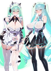 2girls absurdres alternate_costume apron aqua_eyes aqua_hair aqua_necktie black_bow black_dress black_skirt black_sleeves blush bow breasts cleavage covered_erect_nipples detached_sleeves dress elbow_gloves frilled_apron frills garter_straps gloves hatsune_miku highres huge_breasts large_breasts long_hair maid maid_apron maid_headdress multiple_girls necktie pointy_breasts see-through_clothes skindentation skirt thick_thighs thighhighs thighs tiffany_blews twintails very_long_hair vocaloid white_apron yellow_eyes